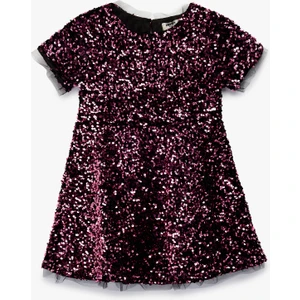 Parlak Pullu Payetli Bisiklet Yaka Kısa Kollu Elbise