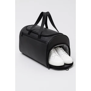 Siyah Suni Deri Yan Ayakkabı Bölmeli Unisex Geniş Hacimli Seyahat Spor Fitness Spor Çantası - 00124