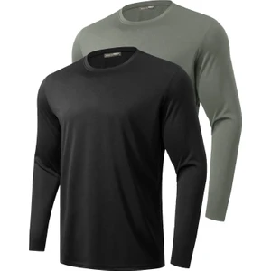 Ghassy Co. 2'li Paket Erkek %100 Pamuklu Likralı Spor Koşu Günlük Antrenman Uzun Kollu Penye T-Shirt