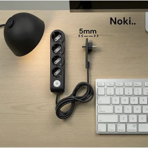 3 M 4’lü Düğmeli Ince Fişli Uzatma Kablosu – Dar Alan Uyumlu, Çocuk Korumalı, Siyah