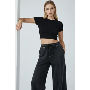 Kadın Antrasit Bol Paça Yüksek Bel Lastikli Geniş Paça Jogger Pantolon-Eşofman Altı