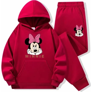 Punix Kids Punıx Kıds Özel Tasarım Kapüşonlu Pembe Kurdeleli Minnie Baskılı %100 Pamuk Kışlık Kız Çocuk Eşofman Takımı