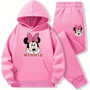 Punix Kids Punıx Kıds Özel Tasarım Kapüşonlu Pembe Kurdeleli Minnie Baskılı %100 Pamuk Kışlık Kız Çocuk Eşofman Takımı