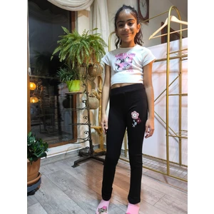 Şimo Butik Kız Çocuk Tayt Kışlık Şardonlu Pamuklu Beli Lastikli Nakışlı Papatya Siyah