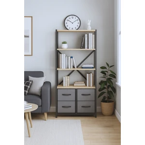 4 Çekmeceli 4 Raflı Kitaplık Çalışma Odası Düzenleyici Metal Kitaplık Deri Çekmeceli Kitaplık