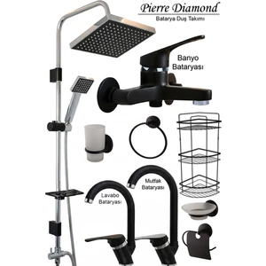 Siyah Irmak Batarya Seti Diamond Robot Duş Duşu 2 Lavabo Banyo Mutfak Bataryası Eviye