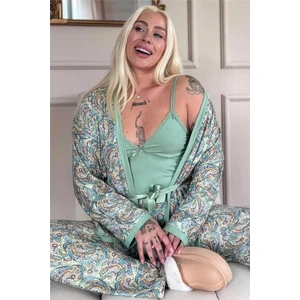 Yeşil Sarı Paisley Exclusive Örme Sabahlıklı Kadın Pijama Takım