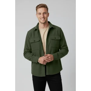 Yeşil Cepli Likralı Kadife Kumaş Rahat Kesim Erkek Gömlek – Yumuşak Dokulu, Şık Tasarım Gömlek 2600759