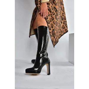 Fox Shoes V820660660 Siyah Rustik Kalın Platform Topuklu Kadın Çizme