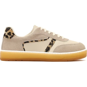 Kadın Bej Bağcıklı Kalın Tabanlı Desenli Deri Sneaker 25AFE145314