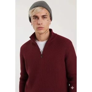 Stilim Trend Bordo Yarım Fermuarlı Kalın Triko Kazak – Oversize Fit Rahat Kesim