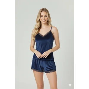 Triya Fashion Lacivert Kadife Şortlu Askılı Gecelik Takım