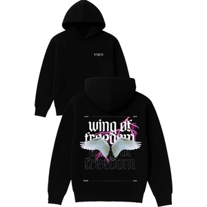 Wing Of Tasarım Baskılı Oversize Siyah Kapüşonlu Sweatshirt