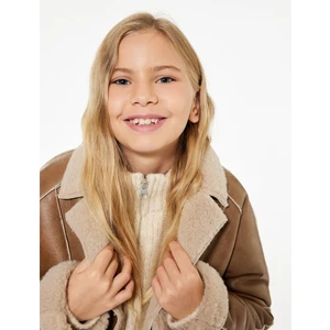 Suni Kürklü Peluş Yaka Kruvaze Uzun Suni Deri Kaban