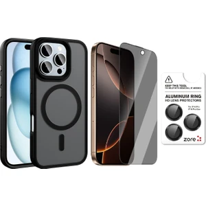 iPhone 16 Pro Max Kılıf Mat Arka Yüzey Wireless Şarj Özellikli Zore Flet M-Safe Kapak +Safir Kamera Lens + Hayalet Ekran Koruyucu