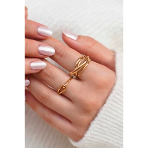 Trend Collection Zincir ve Halka Tasarım Altın Kadın Çelik Yüzük Seti – 2'li