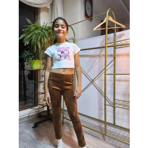 Şimo Butik Kız Çocuk Tayt Kışlık Şardonlu Peluş Beli Lastikli Kahve