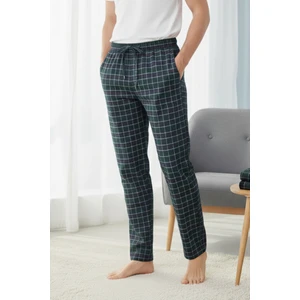 Kareli Pamuklu Erkek Pijama Altı Yumuşak Esnek Bol Kalıp Cepli Ipli Yeşil Ekose Relax Fit Likralı