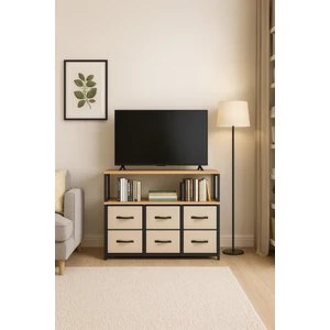 2 Raflı 6 Çekmeceli Tv Sehpası Deri Çekmeceli Tv Ünitesi Kitaplıklı Tv Sehpası