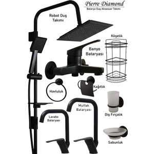 Lavabo Banyo Mutfak Bataryası ve Robot Duş Siyah Banyo Seti Aksesuar Armatür Musluk Batarya Duş