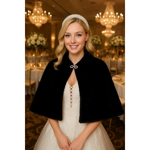 Elegance Scarf Uzun Broşlu Kürk Etol Gelin Bolero Siyah Standart Ebat