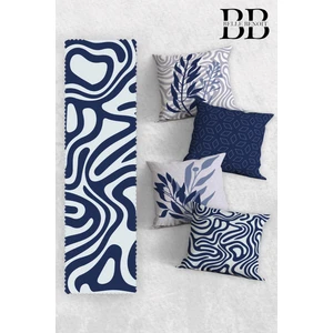 Belle Benoit Lacivert Beyaz Çift Taraf Dijital Baskı 4'lü Yastık Kılıfı Kırlent Kılıf, Amerikan Servis Runner Set