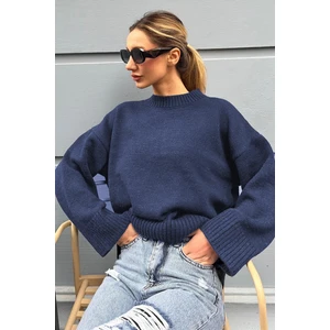 İmaj Butik Lacivert Bisiklet Yaka Yumuşak Dokulu Oversize Triko Kazak