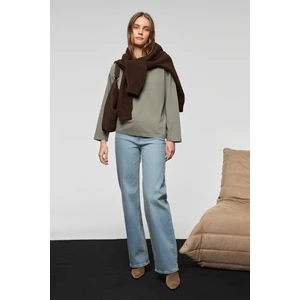 Basıl Kadını Oversize %100 Organik Pamuk Örme Uzun Kol Koyu Gri T-Shirt