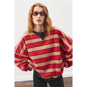 Oversıze Çizgili Sweatshırt Kırmızı