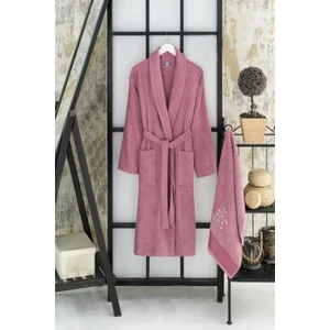 Shine Pamuklu Nakışlı Işlemeli Şal Yaka Bornoz - Saç Havlu Set