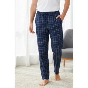 Elemge Kareli Pamuklu Elastan Erkek Pijama Altı Ince Rahat Kalıp Cepli Ipli Esnek Lacivert-Bordo Ekoseli