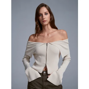 60252 Fermuarlı Fitilli Triko Top-Açık Bej