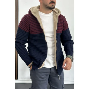 Erkek Içi Kürklü Kapüşonlu Fermuarlı Çift Renk Triko Hırka Lacivert T741