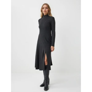 Jimmy Key Antrasit Melanj Balıkçı Yaka Yumuşak Dokulu Örme Midi Elbise