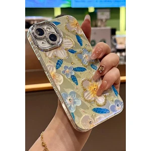 iPhone 13 Kılıf Renk Geçişli Taşlı Kamera Lens Korumalı Simli Yeşil Çiçek Desenli Darbe Emici Kapak