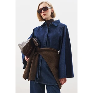 Geniş Pelerin Kollu Denim Gömlek Indigo