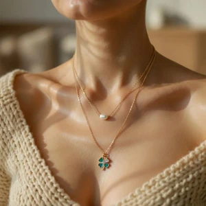 Kadın Ikili Kolye – Inci ve Yonca Figürlü, Gold Kaplama Zarif Çelik Tasarım