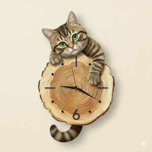 Cajuart Kütük Üzerinden Bakan Tekir Kedi Tasarımlı Duvar Saati Modern Dekoratif Saat