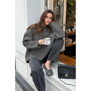 İmaj Butik Antrasit Bisiklet Yaka Yumuşak Dokulu Oversize Triko Kazak