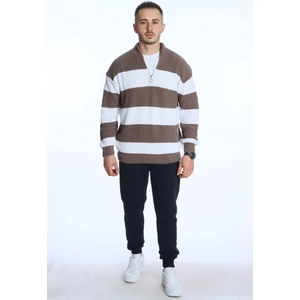 Parçalı Selanik Yarım Fermuar Kazak Kahve