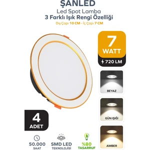 7W 3 Renkli (Beyaz,gün Işığı,ikisi Bir Arada) Beyaz Gold LED Spot Lamba - 4 Adettir