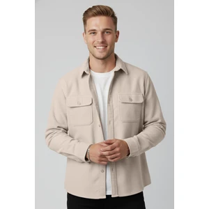 Bej Cepli Likralı Kadife Kumaş Rahat Kesim Erkek Gömlek – Yumuşak Dokulu, Şık Tasarım Gömlek 2600759