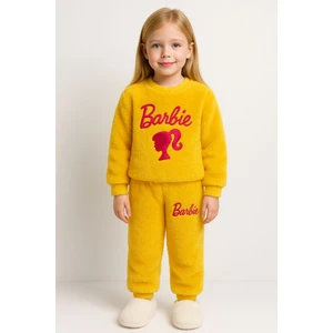 Kız Çocuk Sarı Polar Eşofman Sıcak Tutan Kışlık Peluş Sevimli 2’li Alt Üst Takım