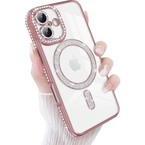 M.TK Moveteck Apple iPhone 17 Kılıf Simli Taşlı Lens Korumalı Arkası Şeffaf Kenarı Renkli Parlak Magsafe Kapak