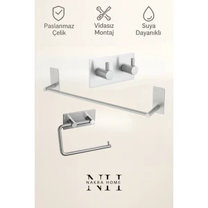 Nakra Home 3'lü Set (Paslanmaz Çelik Yapışkanlı Havlu Askılığı, Tuvalet Kağıtlığı ve 2'li Askılık) Yapışkanlı