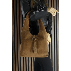 Erkan Saçmacı Karamel Hakiki Dana Süet Püsküllü Manyetik Kapaklı Orta Boy Günlük Omuz Çantası