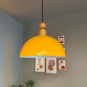 Yimpi Sarı Kalın Ahşap Boncuk Başlık Avize Tekli Sarkıt Salon Dekoratif Aydınlatma Pastane