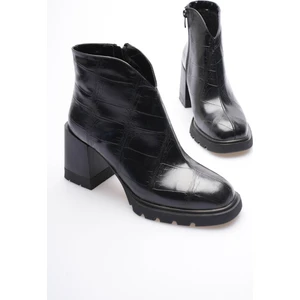 Kadın Deri Bot Kroko Kalın Topuklu Fermuarlı Siyah Orvella