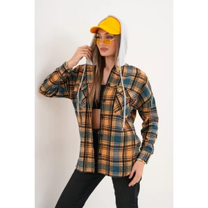 Kadın Desenli Renkli Oduncu Oversize Bol ve Geniş Kalıp Casual Çift Kapüşonlu Ceket Gömlek