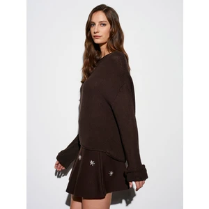 10804 Kayık Yaka Dökümlü Triko Kazak-Koyu Kahve